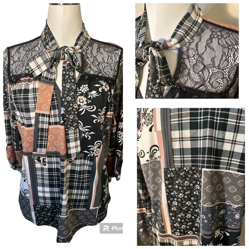 ❤️NWT Gorgeous Women’s size M Plaid & Floral with Lace Blouse black, gray & pink